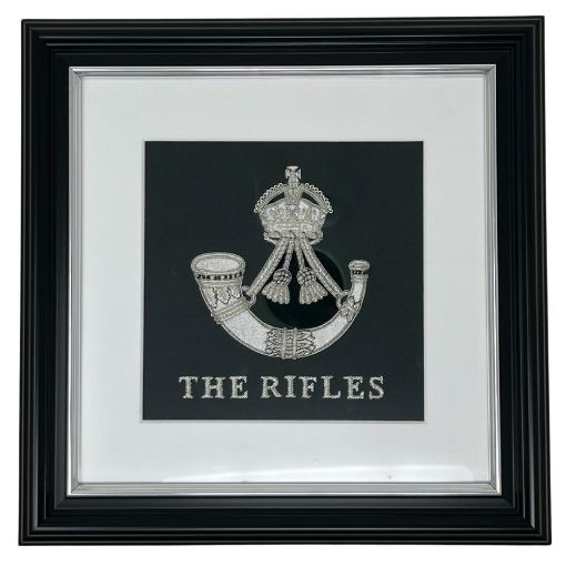 Picture of Rifles Framed badge - Silver Wire & Metallic Fabric - Black Frame - Tudor Crown