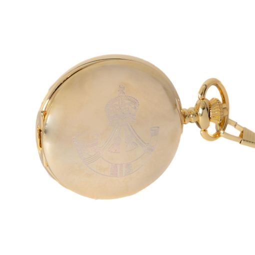 Picture of Full Hunter Pocket Watch with Rifles Cap Badge & Chain - Quartz Battery - Tudor Crown